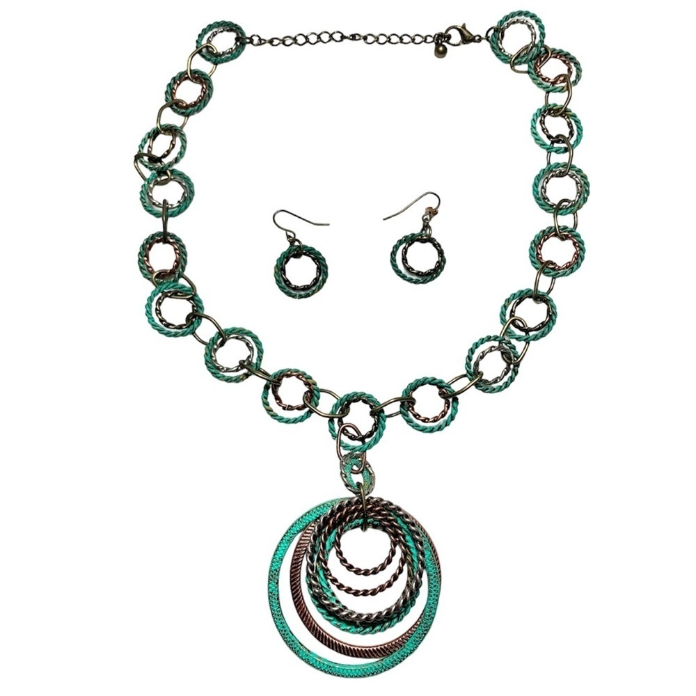 Patina Green Boho Layered Wrap Circle Charm Necklace & Earrings, [2 piece set]